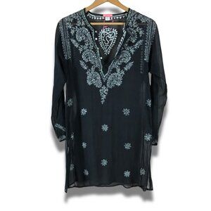 GLAM 100% Silk Black Embroidered Kaftan Sheer Tunic S/M